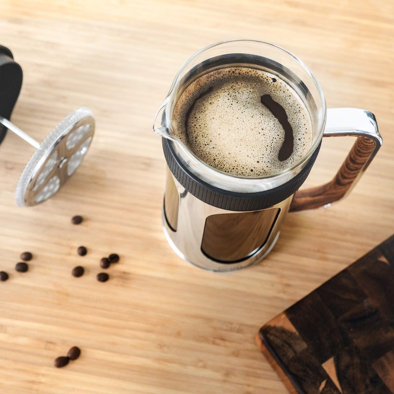 brim 8 Cup French Press, Quickly Brew Coffee in Under 5 Minutes, Classic Design with Modern Twist, Dishwasher Safe Carafe for Easy Cleaning, Replacement Filter Included, Stainless Steel/Wood - Image 4